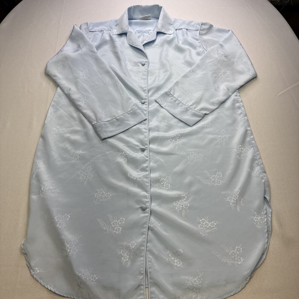 Vtg 80s Jayre California Blue Satin Sleepshirt Nightgown Floral Tunic Sz M #0255